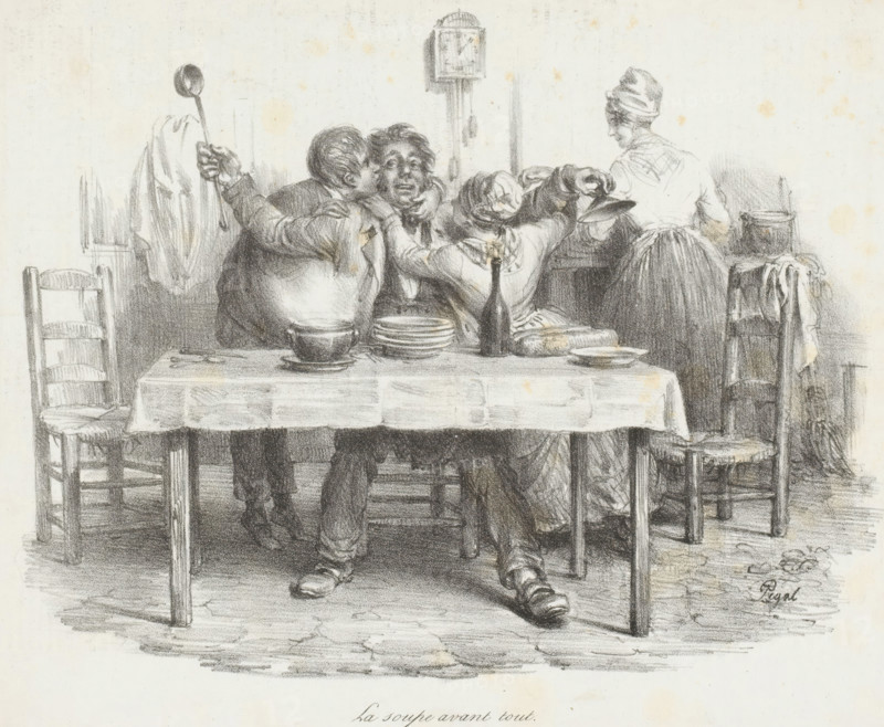 La soupe avant tout, Man at the table is embraced by two children while woman stands at the counter, print, printmaker: Edme Jean Pigal, printer (person): Jean François Benard, Paris, publisher: Aubert & Cie., 1833-03-04, printer (person), paper, lithography, letterpress printing, lithography with letterpress text on verso, height 215 mm x width 263 mm, A pencil drawing of a kitchen scene showing three people seated closely at a table with a tablecloth, plates stacked, a bowl, a bottle, and a loaf of bread on the table; two seated figures reach toward a central seated figure, one with an arm around the central figure's neck and the other holding a ladle-like spoon, while a standing figure with a headscarf faces away near a stove or large pot and holds a pan; simple wooden chairs flank the table, a tall clock is mounted on the wall behind the group, and the floor shows textured lines and cracks.
