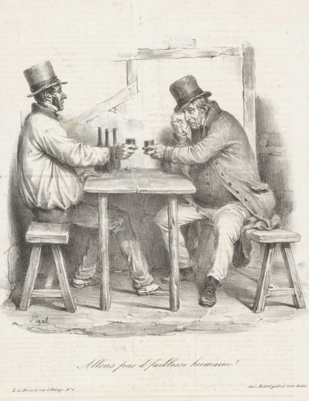 Allons pas d'faiblesse humaine!, Two sad-looking men have a drink, print, printmaker: Edme Jean Pigal, printer (person): Jean François Benard, Paris, publisher: Aubert & Cie., 1833-04-27, Edme Jean Pigal, Jean François Benard, Aubert & Cie., printmaker, printer (person), publisher, paper, lithography, letterpress printing, lithography with letterpress text on verso, height 248 mm x width 192 mm, A black and white drawing of two men seated at a wooden table facing each other, each wearing a tall hat and holding a small glass, with several bottles on the table between them; one man on the left sits upright on a simple stool and wears a light-colored coat, while the man on the right leans on the table with his head supported by his hand and wears a darker coat with visible buttons and a pocket flap, his legs crossed under the table; the setting shows rough wooden furniture and a plain wall behind them with a window-like opening, and the scene is rendered with detailed shading and pencil s...
