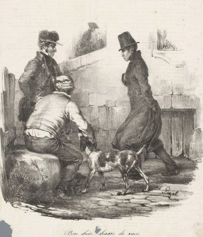 Street scene with three men and a dog, Bon chien chasse de race, Scènes familières, Recognizable scenes, print, printmaker: Edme Jean Pigal, printer (person): Jean François Benard, Paris, publisher: Aubert & Cie., 1833-04-17, printer (person), paper, lithography, letterpress printing, lithography with letterpress text on verso, height 230 mm x width 198 mm, A black and white sketch shows three people and a dog in a rough interior setting with a stone or brick wall. One person faces left wearing a textured coat and a cap with a brim, standing near a low ledge; another person is seated on a large sack or cushion, viewed from behind with a cap and vest, leaning forward; a third person stands facing the seated figure, wearing a long dark coat and a tall hat, with hands clasped behind the back. A dog with a mottled coat stands on the floor between the figures, oriented toward the seated person. The wall behind them has a small recessed opening with a partial figure visible within it and fai...