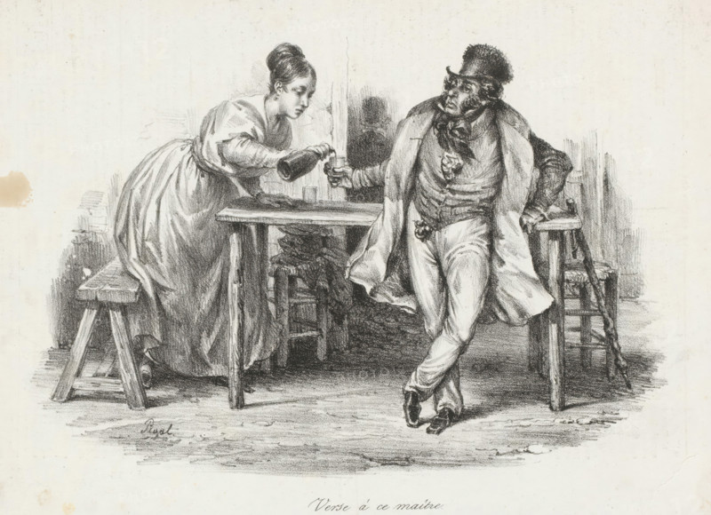 Verse à ce maître, Woman filling a man's glass with a bottle, Scènes familières, Recognizable scenes, print, printmaker: Edme Jean Pigal, printer (person): Jean François Benard (possibly), Paris, publisher: Aubert & Cie., 1833-03-19, Edme Jean Pigal, Jean François Benard, Aubert & Cie., printmaker, printer (person), publisher, paper, lithography, letterpress printing, lithography with text in letterpress on verso, height 195 mm x width 263 mm, A black and white drawing shows a woman leaning over a wooden table to pour a drink from a bottle into a small glass held by a man. The woman wears a long dress with puffed sleeves and her hair is styled in an updo; she leans with one hand on the table and the other holding the bottle. The man stands with one leg crossed in front of the other, wearing a long coat draped over his shoulders, a vest, fitted trousers, and a hat with a textured brim; he holds the small glass in one hand and rests his other hand on a stool. The scene includes simple wo...