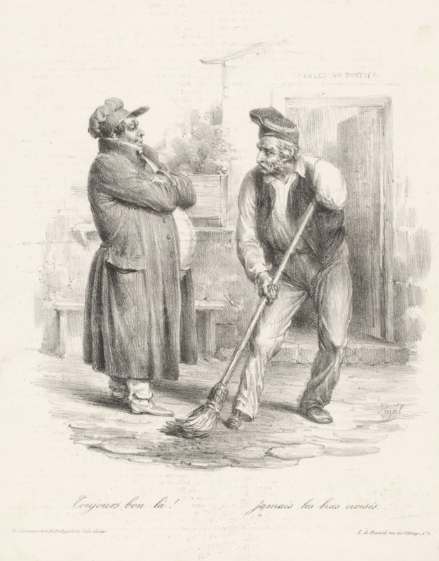 Man greets a one-armed street sweeper, Toujours bon là! Jamais les bras croisés, Recognizable scenes, Scènes familières, print, Series number, 14, printmaker: Edme Jean Pigal, printer (person): Jean François Benard, Paris, publisher: Aubert & Cie., 1833-02-21, printer (person), paper, lithography, letterpress printing, lithography with letterpress text on verso, height 281 mm x width 211 mm, A grayscale drawing shows two men standing on a paved surface in front of a doorway and a low wall with a planter. One man wears a long coat with folded arms, a cap with a brim, and ankle-high boots, facing slightly toward the other man with a neutral expression. The other man leans forward while holding a long-handled broom, wearing a vest over a shirt, loose trousers, and a soft cap, with visible facial hair and a focused posture. Background details include a partially open door, a raised ledge with foliage, and shaded stone or brickwork.