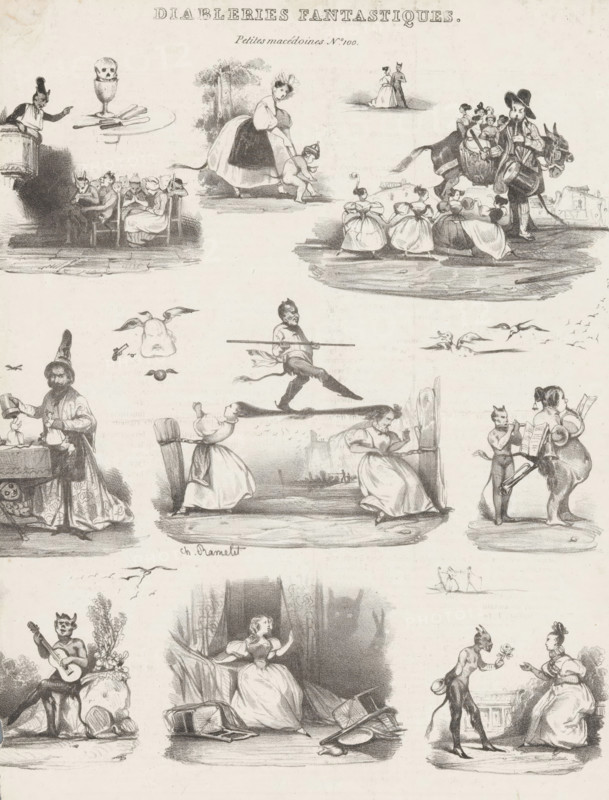 Fourteen depictions with devils, Incredible devilish tricks, Small and varied scenes by Aubert, Petites macédoines d'Aubert, Fantastical devils, cartoon, print, Series number, 100, printmaker: Charles Ramelet, publisher: Aubert & Cie., Paris, 1833, Charles Ramelet, Aubert & Cie., printmaker, publisher, paper, lithography, letterpress printing, lithography with text in letterpress on verso, height 298 mm x width 230 mm, A sheet filled with small detailed black and white engravings showing various human and animal figures in different scenes, including a woman bending over a small animal, a group of seated women with covered faces, a man balancing on a pole, a drummer leading a donkey carrying passengers, couples dancing, women in full skirts holding hands, a musician seated with a guitar-like instrument, a woman in a bedchamber gesturing from a curtained bed, and a scene of a devilish figure presenting a flower to a seated woman, with additional small floating objects and birds scattere...