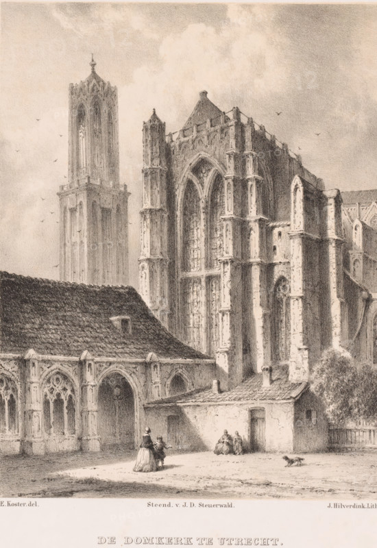 The Dom Church in Utrecht, Dom Church and Dom Tower in Utrecht, print, Several figures are walking in front of the church., printmaker: Johannes Hilverdink, after design by Everhardus Koster, printer (person): Jan Dam Steuerwald, Amsterdam, 1858, printer (person), paper, tone lithography, tone lithography in black with tone block in beige, height 246 mm x width 190 mm, This print is from: Koster, E. 'E. Koster's sketchbook: Dutch City and Harbor Views, published with the cooperation of the society Arti et Amicitiae, F. Buffa and Son, et al. Amsterdam 1858., church (exterior), parts of church exterior and annexes: tower, Utrecht, Dom van Utrecht, Domtoren, A detailed pencil or charcoal drawing of a large Gothic cathedral exterior showing tall pointed arches, ornate buttresses, slender vertical windows with tracery, and a high square tower rising beside the main structure; in front of the cathedral a smaller building with a tiled roof and an open arcade with rounded arches is visible, an...
