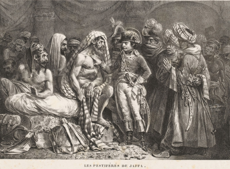 Les pestiférés de Jaffa, Napoleon visits the sick in the plague house in Jaffa, Histoire de Napoléon, Story of Napoleon, print, printmaker: Denis Auguste Marie Raffet, 1827, paper, lithography, lithography with planing technique, height 252 mm x width 347 mm, Twenty-first print in the series of twenty-five prints., Person, Napoleon I (Emperor of the French), visiting the sick, sick person together with others, plague, Ottoman Empire, Jaffa, A crowded monochrome scene showing a group of men in varied headwear gathered closely together, with a central figure in a decorated military uniform and bicorn hat standing facing a seated bare-chested man draped in striped cloth over his head and shoulders. Around them are men wearing turbans, wrapped cloths, and helmets with plumes, some with covered faces and others showing expressive faces looking toward the center. The seated man rests one hand on his chest while the uniformed man holds a sheathed sword at his waist and wears detailed buttons ...