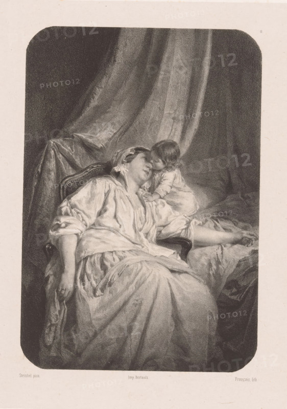 Mother with small child kissing her, La mère et l'enfant, print, Series number, 15, 24, printmaker: François-Louis Français, after painting by Louis Charles Auguste Steinheil, printer (person): Victor Jacques Bertauts, Paris, 1850 - 1851, François-Louis Français, Louis Charles Auguste Steinheil, Victor Jacques Bertauts, printmaker, after painting by, printer (person), paper, chine collé, lithography, height 447 mm x width 317 mm, Print used for: Les Artistes anciens et moderns, 1850-1851., embracing each other, kissing, mother and baby or young child, mother and child(ren), woman and child(ren) (family group) (with NUMBER of children), A monochrome illustration shows a seated woman in loose flowing garments and a head covering reclining against a cushioned, carved-backed chair with draped fabric behind her, her head tilted and eyes closed while a small child leans toward her face with one hand resting near her chest and the other on the cushion beside them, the scene framed by rounded ...