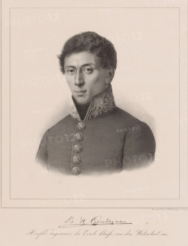 Portrait of Bernard Herman Goudriaan, print, The sitter wears a gala costume with a standing collar. Below the portrait are his signature and profession., inscription: 'H. Michaël lithographieé', printmaker: Hendrikus Michael, printer (person): Royal Dutch Lithographic Printing House of CW Mieling, The Hague, 1847 - c. 1865, printer (person), paper, chine collé, lithography, lithography on chine collé, height 545 mm x width 360 mm, Person, Bernard Herman Goudriaan, historical persons ((full) bust portrait), A monochrome portrait of a young man shown from the chest up wearing a high-collared uniform with ornate embroidery on the collar and a row of decorative buttons down the front; he has short, wavy dark hair and a clean-shaven face with a calm, neutral expression, and the image is framed by a rectangular border on a plain, light background.