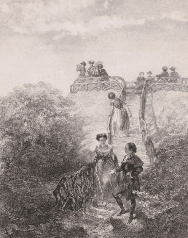 Belvedere, print, A group of men and women enjoys the view. A woman climbs the stairs while a man and a woman have almost arrived at the bottom., inscription: 'Epreuve', inscription: 'Ch. Rochussen pinxt. HAC Dekker Lith', printmaker: Hendrik Adriaan Christiaan Dekker, Amsterdam, after design by Charles Rochussen, 1846 - 1905, paper, chine collé, lithography, lithography on chine collé, proof print, height 350 mm x width 270 mm, flight of steps, A monochrome illustration shows a winding wooden staircase or bridge rising from a wooded area toward a viewing platform with a railing. Figures in period clothing occupy the scene: a woman in a dress descends the stairs holding the railing, a couple further down the path face each other with the man offering his hand while holding a hat, and a woman sits nearby on the path. On the upper platform several figures stand or lean against the railing, some wearing hats and one holding a parasol. Trees and dense foliage fill the left and lower areas,...