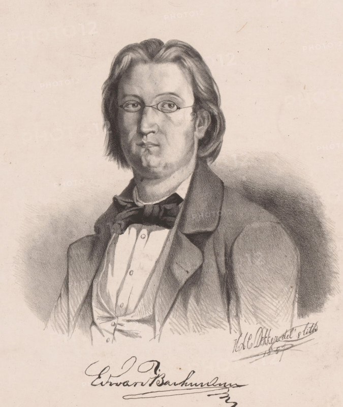 Portrait of E. van Bachmann, print, The sitter wears a knotted tie and glasses. His signature is below the portrait., printmaker: Hendrik Adriaan Christiaan Dekker, Amsterdam, 1846 - 1905, paper, chine collé, lithography, lithography on chine collé, height 368 mm x width 275 mm, historical persons ((full) bust portrait), eyeglasses, spectacles, A charcoal or pencil portrait of a seated man shown from the waist up, with shoulder-length hair parted in the middle and wearing small round spectacles, a collared shirt, a bow tied at the neck, a waistcoat, and a jacket; his face is rendered with shading and fine lines, his expression neutral, and the background is a lightly textured plain surface with subtle shading behind him.
