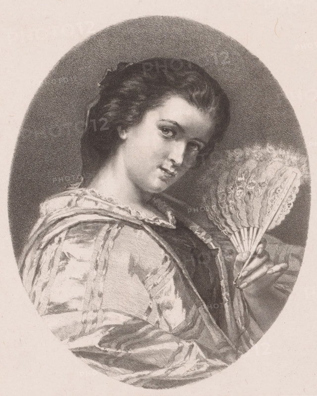Woman with fan, print, The woman is seated facing right and has her head slightly bowed. In her left hand she holds a fan aloft., printmaker: Hendrik Adriaan Christiaan Dekker, Amsterdam, after design by JW Martens, printer (person): Royal Dutch Lithographic Printing House of CW Mieling, The Hague, 1846 - 1905, printer (person), paper, chine collé, lithography, lithography on chine collé, proof print, height 380 mm x width 270 mm, fan, A charcoal or pencil portrait of a young person shown from the chest up within an oval frame, with dark wavy hair pulled back and a soft, shaded face turned slightly toward the viewer, wearing a loose, flowing garment with visible folds and ruffled trim at the neckline, and holding a decorative folding fan with textured, feathery detailing and a visible hand grasping its sticks.