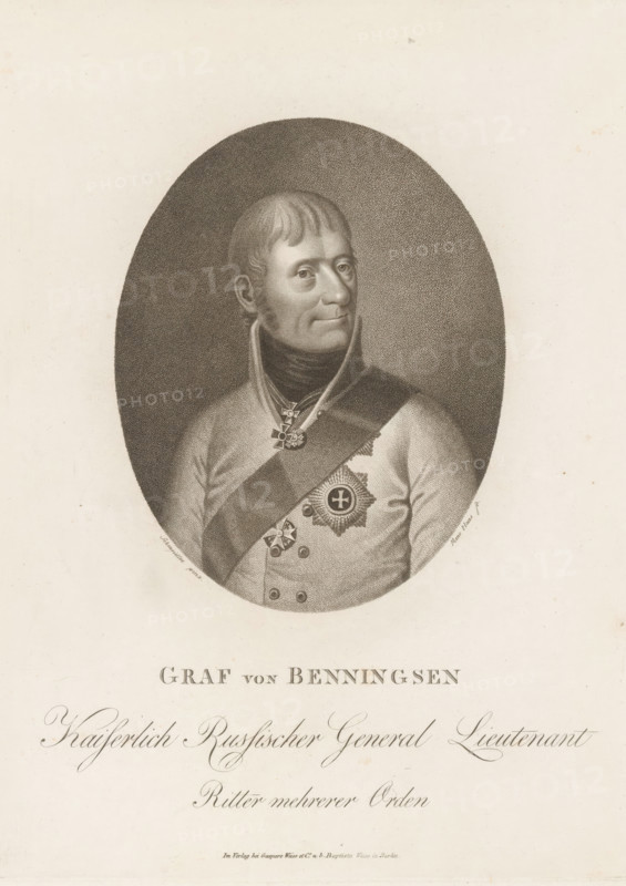 Portrait of Levin August Gottlieb Graf von Bennigsen, print, printmaker: Meno Haas, after painting by Carl Gottlob Schmeidler, publisher: Weiss & Co., Baptista and Gaspare, Berlin, 1762 - 1826, Baptista en Gaspare, paper, stippelwerk, height 277 mm x width 209 mm, Person, Levin August Gottlieb Graf von Bennigsen, historical persons, medals and other marks of military honor, knighthood order, An oval portrait of a man shown from the chest up, rendered in a stippled monochrome technique, with short hair and sideburns, a high collar around his neck, and a composed facial expression, wearing a uniform decorated with a sash across his chest and several star-shaped and cross-shaped medals pinned to his clothing, the oval image set against a plain light background with decorative script visible below the portrait.