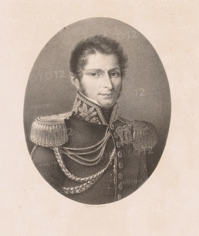 Portrait of Antoine-Henri Jomini, print, printer (person): Gottfried Engelmann, Paris, 1816 - 1839, printmaker, printer (person), paper, lithography, height 454 mm x width 293 mm, Person, Antoine-Henri baron Jomini, historical persons, A monochrome oval portrait of a man shown from the chest up wearing a dark, ornate military uniform with braided cords draped across the front and decorative epaulettes on the shoulders; he has short, wavy hair, sideburns, and a composed facial expression with eyes looking slightly toward the viewer, and the background inside the oval is a textured dark tone contrasting with the lighter surrounding paper.