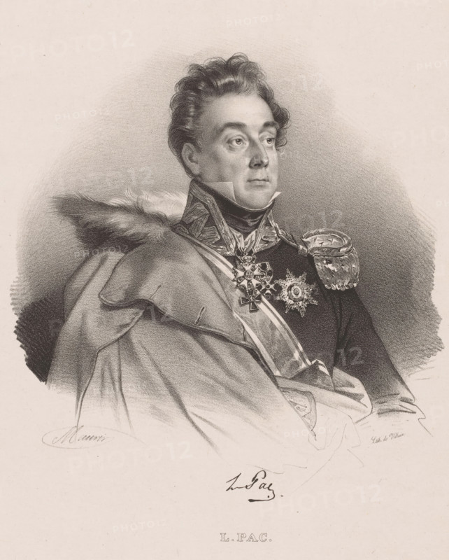 Portrait of Michal Ludwik Pac, L. Pac, print, printmaker: Nicolas Maurin, printer (person): François Jean Villain, Paris, 1830 - 1852, printer (person), paper, chine collé, lithography, height 439 mm x width 305 mm, Person, Michal Ludwik Pac, historical persons, commander-in-chief, general, marshal, A monochrome portrait of a man shown from the chest up wearing a high-collared uniform with ornate braiding and decorative medals pinned to his chest, a fur-trimmed cloak draped over one shoulder, wavy hair styled back from his forehead, and a composed facial expression with eyes looking slightly upward and to the side, set against a softly shaded background.