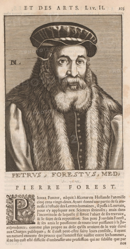 Petrus, Forestus, Med, Portrait of Pieter van Foreest, print, book illustration, printmaker: Nicolas de Larmessin (I), publisher: François Foppens, Brussels, 1682, paper, engraving, letterpress printing, text in letterpress, height 186 mm x width 136 mm, height 320 mm x width 200 mm, Print used for: Bullart, Isaac. Académie des Sciences et Arts contenant les vie et éloges his. the people's illustrations show their excellence and their professions in their environment throughout their lives. Brussels: François Foppens, 1682. The book was also published in Amsterdam in 1682 by the heirs of Daniel Elzevier. Each portrait is an illustration accompanying the biography of an artist or scholar. Most of the portraits were produced by Nicolas de Larmessin (162), 93 by De Boulonois and a third by unidentified printmakers. This concerns an illustration on p. 103, part II., Person, Pieter van Foreest, historical persons, physician, doctor, A monochrome engraving of an older man shown from the ches...