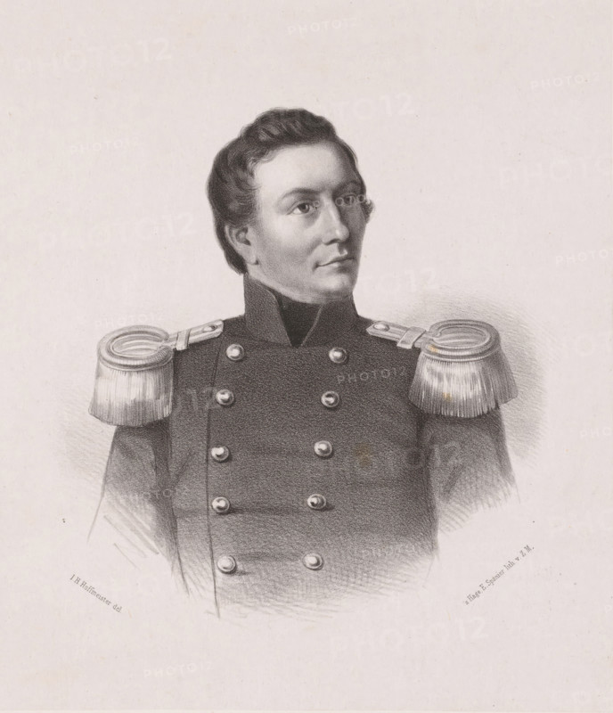Portrait of PCL Eikendal, print, printmaker: Johan Hendrik Hoffmeister, Netherlands, printer (person): Koninklijke Steendrukkerij van E. Spanier, The Hague, c. 1851 - c. 1883, printer (person), paper, chine collé, lithography, lithography on chine collé, height 355 mm x width 275 mm, historical persons ((full) bust portrait), A monochrome portrait of a person shown from the chest up wearing a dark double-breasted military-style coat with prominent rounded buttons and high collar, shoulder epaulettes with fringe, short wavy hair combed back, a neutral facial expression with eyes looking slightly to the side, and soft shading and crosshatching used to render the face and uniform against a plain light background.
