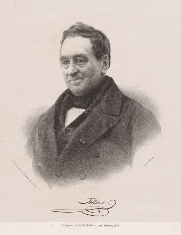 Portrait of Hendrik Tollens, print, Below the portrait the signature of the sitter., printmaker: Johan Hendrik Hoffmeister, Netherlands, printer (person): Koninklijke Steendrukkerij van E. Spanier, The Hague, publisher: Hendrik Abraham Frijlink, Amsterdam, 1855, printer (person), paper, chine collé, lithography, lithography on chine collé, height 505 mm x width 353 mm, Person, Hendrik Tollens, historical persons ((full) bust portrait), A charcoal-style portrait of a middle-aged man shown from the chest up, facing slightly to his left, with short wavy hair, a high forehead, and visible facial lines; he wears a dark overcoat with wide lapels over a dark cravat and a light shirt, and his expression appears calm; the background is plain and light, and there is a decorative handwritten signature and a small printed line of text along the bottom edge.