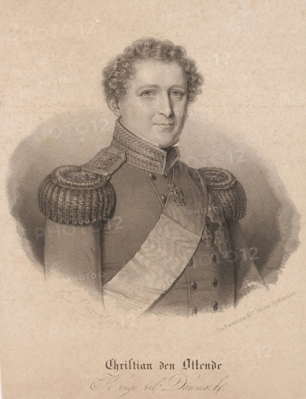 Portrait of King Christian VIII, print, inscription: 'Em Baerentzen. fec.', inscription: 'Christian den Ottende, Konge til Danmark.', inscription: 'Em. Baerentzen & Co. lith.Inst. Kjöbenhavn', printmaker: Emilius Ditlev Baerentzen, printer (person): Baerentzen & Co., Em., Copenhagen (city), in or after 1837 - in or before 1868, printer (person), paper, lithography, height 296 mm x width 221 mm, Person, Christian VIII (king of Denmark), historical persons, A monochrome portrait of a man shown from the waist up wearing a formal military uniform with braided shoulder epaulettes and a wide sash across his chest. He has short curly hair and a calm facial expression, with detailed shading on his face and clothing. Decorative braiding is visible on his collar and shoulder straps, and several medals hang from his chest. The background is plain with soft shading around the figure and the image has an aged paper texture.