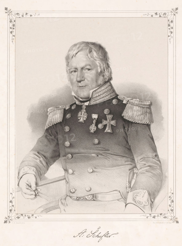 Portrait of Andreas Schifter, print, inscription: 'CA Jensen pinx.', inscription: 'Em. Baerentzen & Co lith.Inst.', inscription: 'A. Schifter.', printmaker: Emilius Ditlev Baerentzen, printer (person): Baerentzen & Co., Em., Copenhagen (city), after painting by Christian Albrecht Jensen, 1846, printer (person), paper, chine collé, lithography, lithography on chine collé, height 358 mm x width 272 mm, height 229 mm x width 177 mm, A portrait painting of Schifter by CA Jensen from 1845 existed, but it was burned in Frederiksborg Castle in 1859. The painting was reproduced in lithography by Em. Bærentzen & Co. in 1846., Person, Andreas Schifter, historical persons, A monochrome portrait of an older man seated, shown from the waist up, wearing a formal military uniform with braided shoulder epaulettes and decorative collar embroidery, his hair short and swept back with sideburns, his face turned slightly to one side with a neutral expression, multiple decorative medals pinned to his chest ...