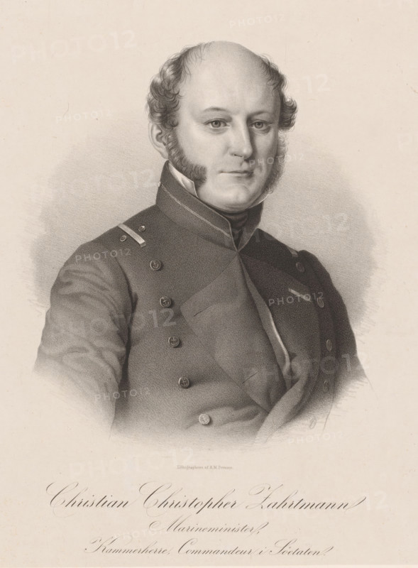Portrait of Christian Christopher Zahrtmann, print, signature: 'Lithographeret af AM Petersen.', signature: 'Forlagt af Boghandler J. Nielsen, eneberettiget.', inscription: 'Christian Christopher Zahrtmann, Navy Minister, Kammerherre, Commandeur i Söetaten.', printmaker: Andreas Martin Petersen, publisher: J. Nielsen, Denmark, c. 1823 - in or before 1875, paper, chine collé, lithography, lithography on chine collé, height 542 mm x width 349 mm, Person, Christian Christopher Zahrtmann, historical persons, A black and white lithographic portrait of a man shown from the chest up wearing a double-breasted dark uniform with high collar and decorative buttons, his face framed by short curly hair and prominent sideburns, a smooth forehead and neutral expression, soft shading around his shoulders and head against a pale background.
