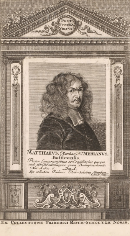 Portrait of Mathhaeus Merian, print, Printed from another plate with an architectural frame., printmaker: Johann Friedrich Schmidt, 1704 - 1765, paper, engraving, etching, printed from two plates, height 287 mm x width 172 mm x height 149 mm x width 105 mm, Person, Matthaeus Merian (the Younger), historical persons, portrait, self-portrait of artist, An engraved portrait of a man with long wavy hair and a mustache and small goatee, shown from the chest up and turned slightly to one side, wearing a dark coat with a wide collar and a white neckband, set within an ornate architectural frame featuring fluted pilasters, decorative scrollwork, floral motifs, and a triangular pediment with a wreath and ribbon; the portrait panel is surrounded by finely crosshatched shading and the lower area includes additional decorative cartouches and ornamental foliate carving.