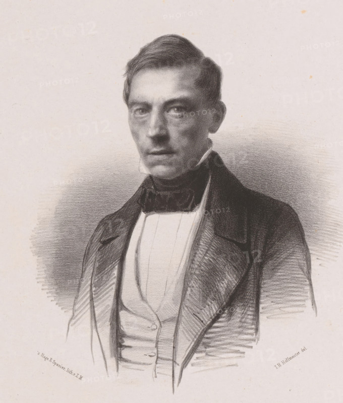 Portrait of pharmacist HCM Eikendal, print, inscription: 'Hendrik Cornelis Mari Eikendal, born. in The Hage 17 July 1812, there as apothecar, fatally died 31 May 1857, not in the trade, printmaker: Johan Hendrik Hoffmeister, Netherlands, printer (person): Koninklijke Steendrukkerij van E. Spanier, The Hague, c. 1851 - c. 1883, Johan Hendrik Hoffmeister, Koninklijke Steendrukkerij van E. Spanier, printmaker, printer (person), paper, chine collé, lithography, lithography on chine collé, height 355 mm x width 282 mm, historical persons ((full) bust portrait), A monochrome portrait drawing of a man shown from the chest up wearing a dark coat with wide lapels over a light waistcoat and a high-collared shirt with a dark bow at the neck; he has short, neatly combed hair and a solemn facial expression with direct gaze, defined cheekbones, and subtle shading around the eyes and jaw, set against a softly shaded background with visible pencil or charcoal strokes.