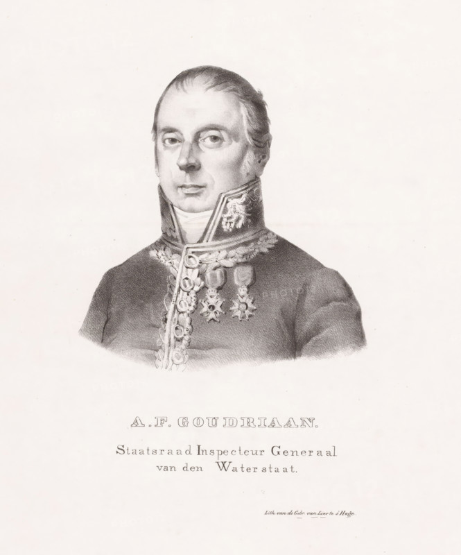 Portrait of Adrianus François Goudriaan, print, printmaker, printer (person), The Hague, paper, lithography, height 345 mm x width 280 mm, height 440 mm x width 323 mm, Person, Adrianus François Goudriaan, historical persons ((full) bust portrait), knighthood order, A monochrome portrait of a man shown from the chest up wearing a dark formal uniform with a high decorated collar and ornate braided trim down the front, with medal-like decorations on his chest; he has short, neatly combed hair, a smooth forehead, prominent eyebrows, and a neutral expression with eyes looking slightly to the viewer’s left, and the background is light and unadorned.