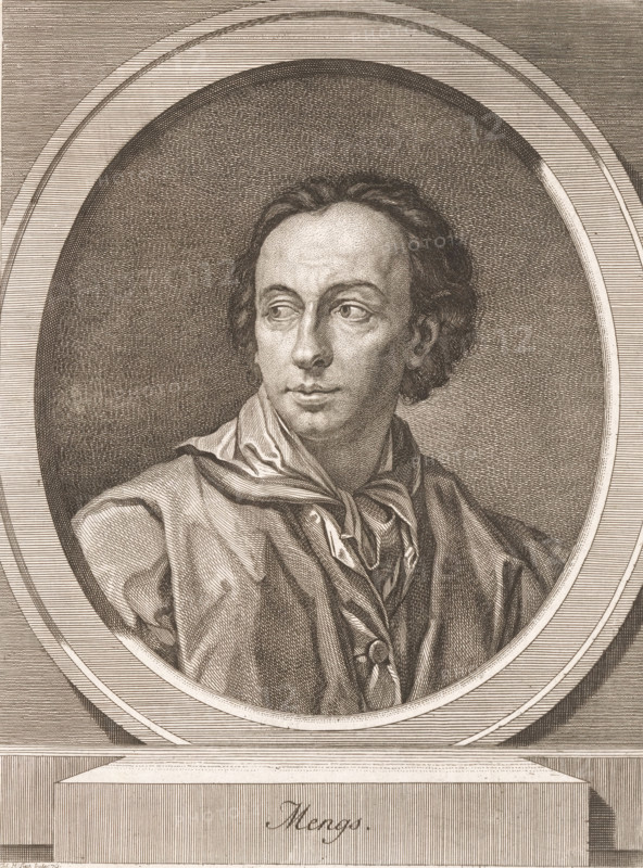 Portrait of Anton Raphael Mengs, print, printmaker: Johann Heinrich Lips, 1779, paper, etching, height 260 mm x width 198 mm, Person, Anton Raphael Mengs, historical persons, portrait, self-portrait of artist, A sepia-toned engraved portrait shows a man inside an oval frame, facing slightly to the viewer’s left with his gaze directed outward, his hair styled in loose waves around his head and a high forehead visible, detailed shading and fine lines define his facial features including arched eyebrows, eyes with visible irises, a straight nose, and closed lips with a subtle downturn at the corners, his neck and upper chest are wrapped in a loosely draped scarf tied at the front and a heavy cloak with folds and textured shading covers his shoulders, the oval frame is set against a background of parallel horizontal lines and concentric bands that create a sense of depth, the lower section of the image includes a pedestal beneath the oval with decorative linear engraving.