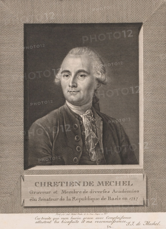 Portrait of Christian von Mechel, print, printmaker: Johann Jakob von Mechel, after painting by Anton Hickel, 1787, paper, engraving, etching, etching and engraving, height 355 mm x width 205 mm, Person, Christian von Mechel, portrait, self-portrait or graphic artist, A framed engraved portrait of a man shown from the chest up, with powdered hair styled back and curls at the sides, wearing a dark coat with visible buttons and a patterned cravat at the neck; the portrait is set within a rectangular decorative border with dense engraved linework surrounding it and a lighter textured margin below that contains more engraved elements; the man's expression is neutral and his gaze is slightly to the viewer's left, and the overall image is rendered in fine monochrome hatch marks and stippling.