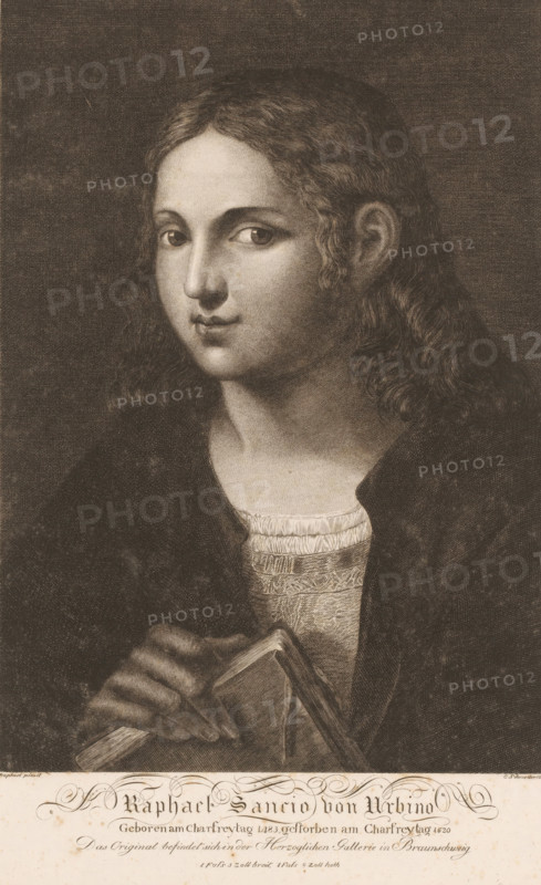 Portrait of Raphael, print, printmaker: Karl Schröder, after painting by Rafaël, 1821, Raphael, paper, etching, height 315 mm x width 225 mm, Person, historical persons, portrait, self-portrait of artist, A sepia-toned portrait of a young person with shoulder-length wavy hair, shown from the chest up, wearing a dark outer garment over a lighter textured inner garment with a gathered neckline, the face turned slightly toward the viewer with a neutral expression and large eyes, one hand visible holding a small closed book with the fingers resting on its cover, and a decorative band of script and ornamental flourishes along the bottom edge.