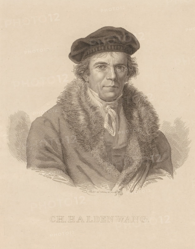 Portrait of Christian Haldenwang, print, printmaker: Charles Louis Schuler, 1827, paper, chine collé, etching, height 245 mm x width 189 mm, Person, Christian Haldenwang, historical persons, portrait, self-portrait of graphic artist, A detailed engraved portrait of a man shown from the chest up wearing a soft beret-style hat and a thick fur-lined coat, his hair peeking out in short curls at the sides, a scarf tied at his neck, and a neutral facial expression with direct gaze, rendered in fine line work on a light aged paper background.