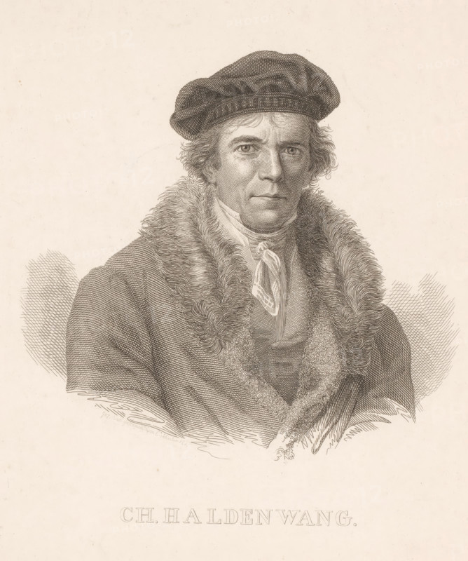 Portrait of Christian Haldenwang, print, printmaker: Charles Louis Schuler, 1827, paper, etching, height 249 mm x width 189 mm, Person, Christian Haldenwang, historical persons, portrait, self-portrait of graphic artist, A monochrome engraved portrait of a man shown from the chest up wearing a soft cap and a heavy fur-lined coat, his face detailed with fine linework showing short wavy hair, arched eyebrows, and a neutral expression with direct gaze, a tied scarf visible at his neck and intricate crosshatching used throughout the clothing and background to create texture and shading.