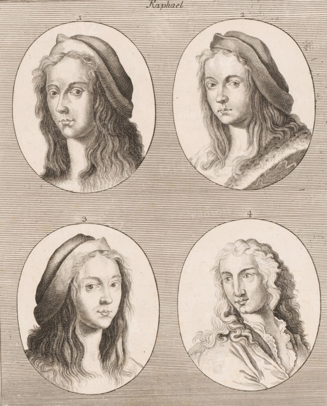 Four portraits of artist Raphael, print, Numbered center top: Tab. XV. The portraits are numbered 1-4., printmaker: Michael Wachsmuth, Germany, c. 1760 - c. 1770, paper, etching, height 262 mm x width 208 mm, Person, Raphael, historical persons, portrait, self-portrait of artist, Four oval portraits of long-haired individuals are arranged in a two-by-two grid against a background of closely spaced horizontal lines. Each oval contains a finely detailed, monochrome engraving of a face and upper torso, with varied hairstyles and head coverings; the upper-left and lower-left figures wear soft caps that drape over the back of the head while their hair falls in loose waves, the upper-right figure has a similar cap and wears a fur-trimmed garment, and the lower-right figure has flowing curly hair and a ruffled collar. The faces show neutral expressions with eyes looking slightly to the side, and the shading is composed of delicate cross-hatched lines and stippling that define contours, shadow...