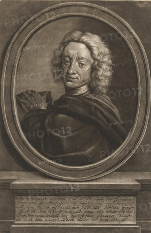Portrait of Georg Daniel Heumann, print, With praise poem in German., printmaker: Georg Martin Preissler, Nuremberg, 1710 - 1754, Bavaria, paper, mezzotint, height 320 mm x width 209 mm, Person, Georg Daniel Heumann, historical persons, portrait, self-portrait of graphic artist, A monochrome portrait shows an older person with wavy, shoulder-length hair framed inside an oval cartouche. The figure faces slightly toward the viewer with a composed expression and visible facial lines. The subject wears layered drapery over the shoulders and a high collar at the neck, with hands clasped near the chest. The oval frame sits on a rectangular base with a panel beneath it that contains decorative script, and the whole composition rests on a stone ledge. The image has a textured, engraved appearance with soft shading and strong contrasts defining the hair, face, and folds of the clothing.