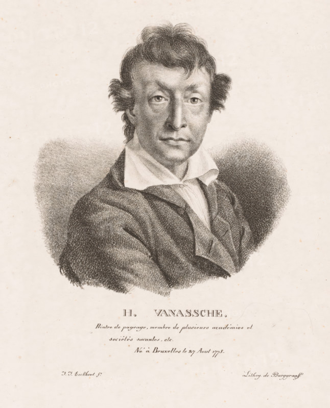 H. Vanassche, Portrait of Henri van Assche, Portraits of contemporary artists from the United Kingdom of the Netherlands, Portraits des modern artists from the Royaume des Pays-Bas, print, printmaker: Guillaume Philidor Van den Burggraaff, after design by Jacob Joseph Eeckhout, Brussels, 1822, printer (person), paper, lithography, height 308 mm x width 238 mm, Print is part of a series of sixty prints., Person, Henri van Assche, historical persons, portrait, self-portrait of graphic artist, A monochrome portrait of a man shown from the chest upward wearing a collared shirt and a dark jacket, with short wavy hair and sideburns, looking straight ahead with a neutral expression, surrounded by shaded stippling that forms a rounded background against a light paper surface.