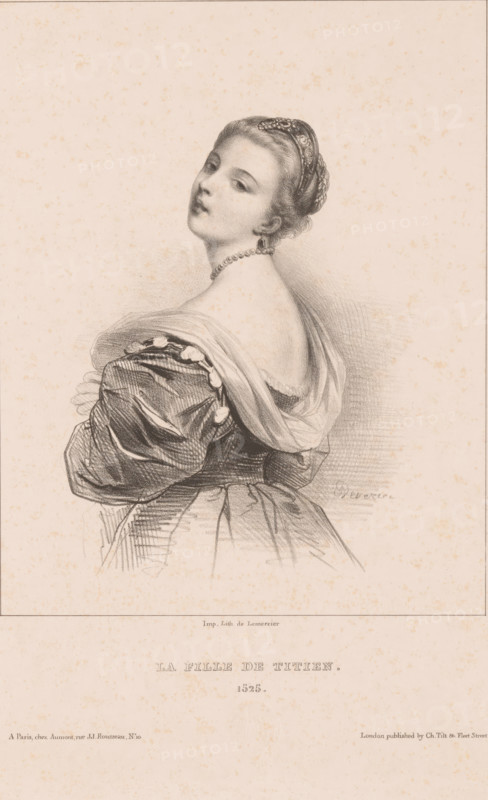 Portrait of Cecilia Soldano, La fille de Titien, 1525, Famous painter's models, print, printmaker: Achille Devéria, Paris, printer (person): Joseph Rose Lemercier, publisher: Aumont & Cie, publisher: Charles Tilt, London, 1832, Achille Devéria, Joseph Rose Lemercier, Aumont & Cie, Charles Tilt, printmaker, printer (person), publisher, paper, lithography, height 339 mm x width 268 mm, Person, Cecilia Soldano, historical persons, artist's model, sitter, A sepia-toned lithograph of a young woman shown from the back and turned in profile toward the viewer, with her head slightly tilted and a calm facial expression; she has an ornate hair net and softly waved hair, a beaded necklace and a single earring, and wears a draped off-the-shoulder garment with voluminous, textured sleeves and a gathered bodice, sketched with fine shading and crosshatching on a lightly mottled paper background.