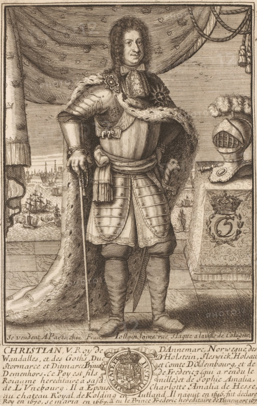 Portrait of Christian V of Denmark, print, publisher: François Jollain, Paris, 1671 - 1704, paper, engraving, etching, intaglio printmaking technique, height 268 mm x width 172 mm, Person, Christian V (King of Denmark and Norway), historical persons, ruler, sovereign, armor, An engraved portrait shows a man standing in a full-length pose wearing ornate armor with a fur-lined cloak draped over one shoulder and a decorative sash at the waist, his right hand resting on a slender cane and his left hand on his hip near a sheathed sword; he has curled shoulder-length hair and a composed facial expression. Behind him a patterned drapery hangs above a scene with sailing ships on water and distant buildings along a shoreline. To his side a plumed helmet sits on a decorated pedestal bearing a crowned emblem, and the floor beneath him is rendered with engraved lines suggesting wooden planks.