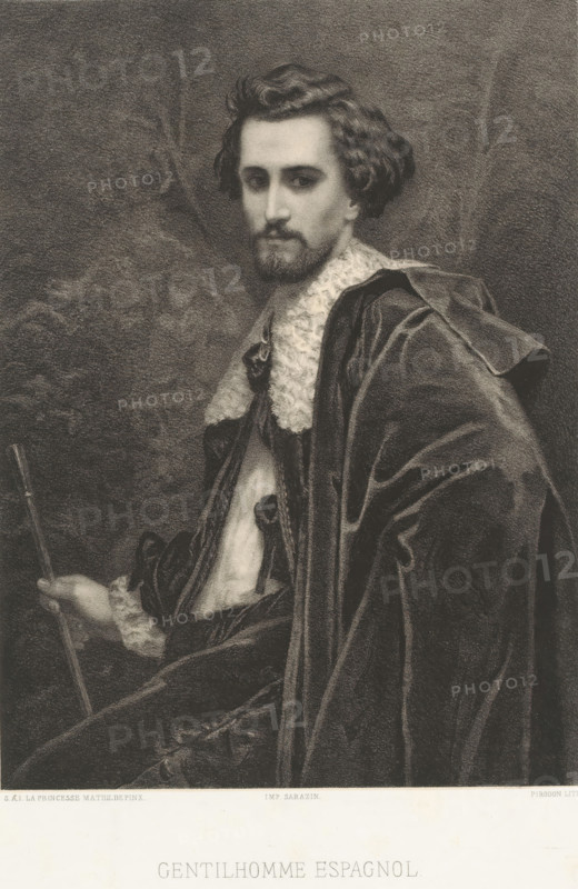 Spanish nobleman in historical clothing, Gentilhomme espagnol, print, printmaker: Eugène Louis Pirodon, after painting by Mathilde Laetitia Wilhelmine Bonaparte, printer (person): Sarazin (printer), Paris, 1863, printer (person), paper, chine collé, lithography, height 359 mm x width 272 mm, Print used in: L'Artiste, vol. 1. Painting exhibited at the Salon of 1863 in Paris., adult man, historical costume, A monochrome portrait of a seated man shown from the waist up wearing a dark, voluminous cloak with visible folds and a textured, lighter collar; he has wavy hair, a mustache, and a short beard, and he looks toward the viewer with a neutral expression while holding a slender staff in one hand; the background is dark and textured.