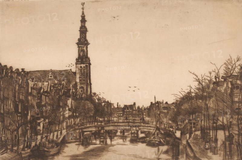 View of the Westertoren, in Amsterdam, print, printmaker: Henri Wouters, 1876 - 1907, paper, etching, intaglio printmaking technique, height 157 mm x width 238 mm, prospect of city, town panorama, silhouette of city, church (exterior), Amsterdam, Westerkerk (Amsterdam), A sepia-toned sketch of a city canal scene with narrow buildings lining both sides, a tall ornate church tower rising on the left, leafless trees along the canal edges, small boats moored beside the banks, arched bridges crossing the water, reflected lines and textures in the canal surface, distant rooftops and chimneys on the horizon, and a few birds drawn in the sky.