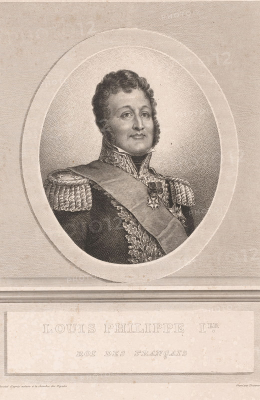 Portrait of King Louis Philippe I, print, printmaker: Octave Tassaert, publisher: V. Rosselin, Paris, 1810 - 1874, paper, stippelwerk, etching, drypoint, height 349 mm x width 254 mm, Person, Louis Philippe I (King of France), historical persons, king, An engraved oval portrait of a man in a formal military-style uniform with ornate epaulettes and decorative braid, shown from the chest up and facing slightly to the viewer's left, with curled hair and sideburns, a high collar, a sash across his chest, and medals pinned to his breast; the portrait is set within concentric oval frames on a textured background with horizontal line patterns, and below the oval is a rectangular panel with large embossed lettering and a second line of smaller embossed lettering.