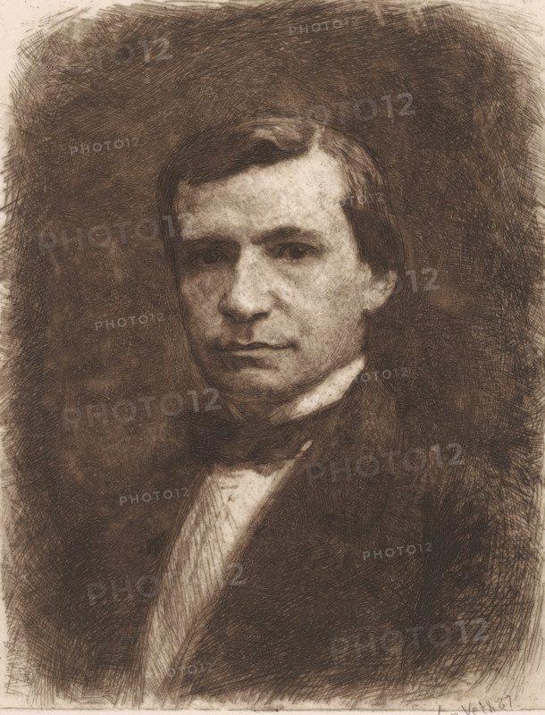 Busken Huet (original title on object), print, Portrait of Conrad Busken Huet., printmaker: Jan Veth, printer (person): Joseph Bouwens, 1887, printer (person), paper, chine collé, etching, intaglio printmaking technique, height 278 mm x width 199 mm, Person, Conrad Busken Huet, historical persons, A monochrome sketch of a young man shown from the chest up, facing slightly toward the viewer's left, with short dark hair combed to one side, dark eyes, and a neutral expression; he wears a dark jacket and a light-colored shirt with a visible collar and tie or cravat, and the background is filled with dense crosshatched shading.