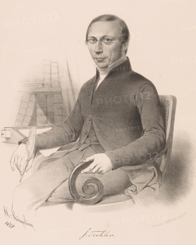J. Tichler, Portrait of Jacob Tichler, print, printmaker: Hendrik Ringeling, printer (person): Pieter Willem Marinus Trap, Leiden, 1848, printer (person), paper, chine collé, lithography, lithography on chine collé, height 493 mm x width 355 mm, Person, Jacob Tichler, historical persons, A seated man in a dark buttoned coat and vest is shown from the waist up, wearing round eyeglasses and a high white collar; his hair is short and combed, and he has sideburns. He holds a quill pen in one hand above a sheet of paper on a desk and rests the other hand on a curved decorative armrest of the chair. Behind him are stacked books on a shelf and a curtain or drapery. The drawing is rendered in soft pencil or charcoal tones on a light background.