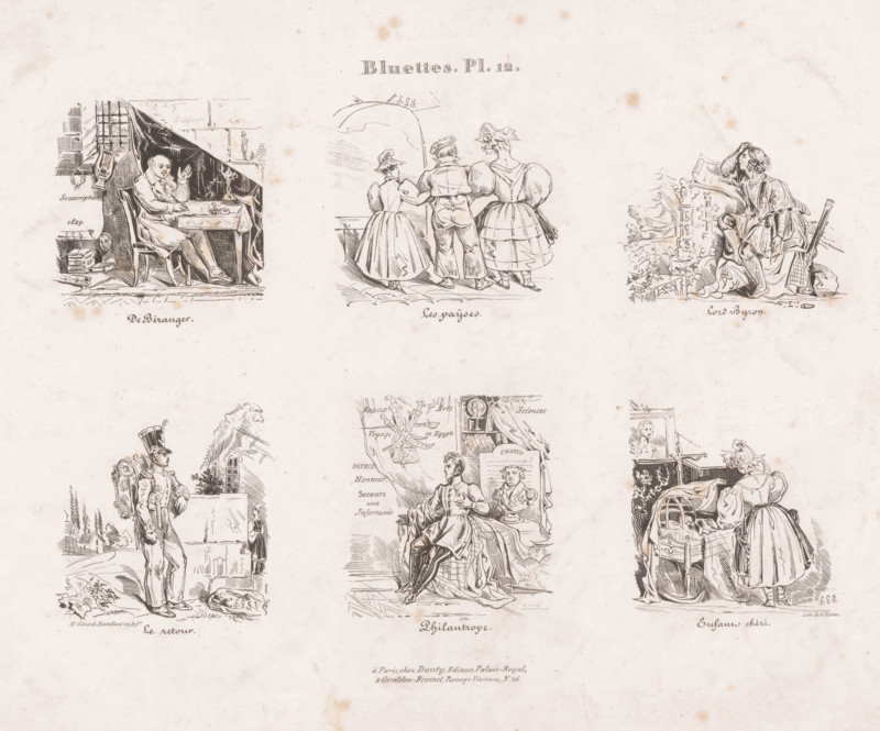 Six scenes with various people, Small scenes from everyday life, Bluettes, print, Series number, 12, 18, printmaker: Henri-Gérard Fontallard, printer (person): Victor Ratier, Paris, publisher: Dauty, publisher: Giraldon-Bovinet & Cie., 1829, printer (person), paper, lithography, height 275 mm x width 360 mm, various human types, Three rows of detailed black ink sketches on pale paper, each row containing three separate vignettes framed by blank space, showing various figures in historical dress; in the top left a seated man at a small table under a dark draped canopy with a candle, a book, and stacked books nearby; top center shows three figures seen from behind standing at a railing beneath an arch, the central figure linking arms with the two women on either side who wear full skirts and bonnets; top right depicts a seated figure in elaborate clothing holding a book beside a carved pillar and a small tree; middle left shows a uniformed soldier standing on a path with a large pack on ...