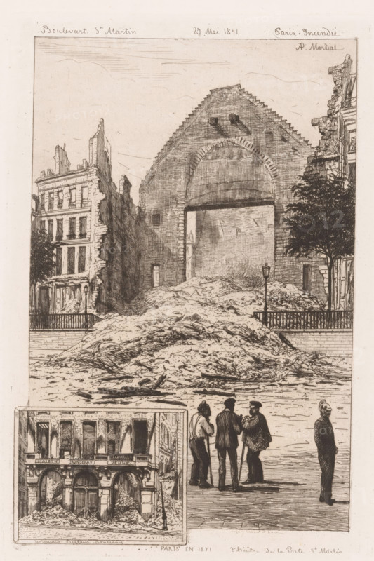 View of ruins on the Boulevard Saint-Martin, Paris Incendié, Paris on fire, print, This print is part of a cover with 12 prints., printmaker: Adolphe Martial Potémont, printer (person): Cadart & Luce, 1871, printer (person), paper, etching, intaglio printmaking technique, height 237 mm x width 160 mm, The print is located in a cover and is part of a twelve-part series of prints depicting the burning Paris during the Commune in 1871, composed and executed by Martial Potémont., ruin of a building, architecture, Paris Commune (1871), Paris, Boulevard Saint-Martin, A vertical monochrome sketch showing a ruined urban scene with a large arched stone facade centered behind a massive irregular pile of rubble that fills the foreground. Flanking the arch are partially destroyed multi-story buildings with broken walls and exposed interiors; details of brickwork and window openings are visible. A lamppost stands near the rubble and a tree with dense foliage appears to the right. In the lower right...