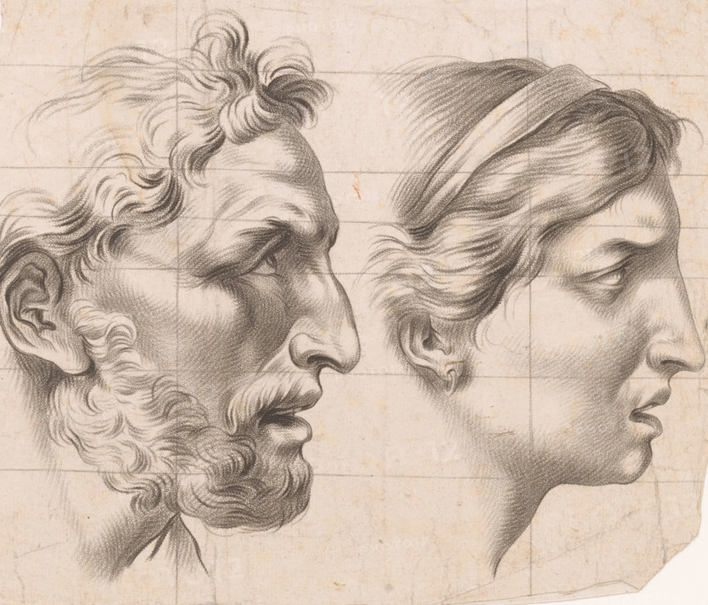 Heads of man and woman, Principles of drawing from nature, Cahier De Principes Dessiné d'après Nature, print, printmaker: Petit (engraver), after drawing by Jean Jacques François Le Barbier, publisher: Mondhare & Jean, Paris, 1784 - 1826, Petit (engraver), Jean Jacques François Le Barbier, Mondhare & Jean, printmaker, after drawing by, publisher, paper, crayon manner, etching, squared, height 232 mm x width 273 mm, head (human), head (human) - AA - female human figure, drawing, sketch, A close-up charcoal drawing on aged paper showing two profile heads facing each other, one of an older bearded man with curly hair and pronounced facial lines and an open mouth, and the other of a younger clean-shaven person with smoother features and hair swept back by a band; both faces are rendered with detailed shading and hair texture, and faint grid lines and subtle paper creases are visible across the background.