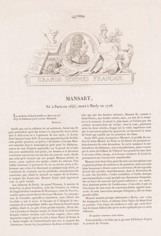 Mansart, Portrait of Jules Hardouin-Mansart, Galerie métallique des grands hommes français, Gallery of medals with French greats, print, printmaker: Louis Marie Normand, Paris, after design by Masson, in or after 1817, paper, etching, letterpress printing, etching with letterpress text, height 103 mm x width 168 mm, height 308 mm x width 215 mm, Person, Jules Hardouin-Mansart, historical persons, portrait, self-portrait of architect, A printed page with a decorative engraved header showing a circular portrait medallion of a man in profile surrounded by ornate architectural elements, books, a small helmeted statue, a sculpted bust, a wreath, and a laurel branch, all above a rectangular plaque with raised lettering; rays and a small crown motif appear above the medallion. Below the header, a centered title line in larger type is followed by several columns of dense printed text with narrow margins, all on a light, slightly textured paper background.