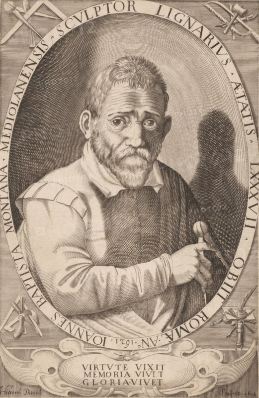 Portrait of Giovanni Battista Montano at the age of 87, Joannes Baptista Montana, Mediolanensis, Sculptor Lignarius, aetatis LXXVII, obiit Romae, Anno 1621., print, printmaker: Jerôme David, France, 1624, paper, engraving, height 268 mm x width 177 mm, Person, Giovanni Battista Montano, portrait, self-portrait of graphic artist, ornament, medallion, An engraved portrait of an older man shown from the waist up inside an oval frame, with a beard and short wavy hair, wearing a collared garment and a draped cloak, his face turned slightly toward the viewer and his eyes looking ahead, one hand holding a set of compasses while the other rests near his chest, detailed hatching and crosshatching creating shadows and texture on his skin, clothing, and the oval background, decorative tools and ornamental elements surrounding the oval, and a carved cartouche below the portrait.