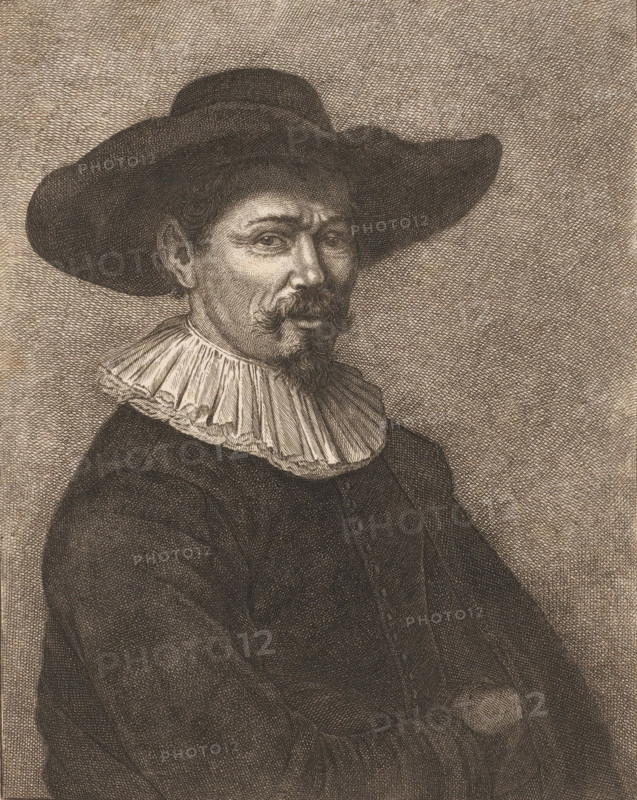 Portrait of Herman Doomer, print, printmaker, after print by, Nicolas-Gabriel Dupuis, paper, etching, intaglio printmaking technique, height 226 mm x width 180 mm, Person, Herman Doomer, historical persons, portrait, self-portrait of artist, A monochrome etched portrait of a man wearing a wide-brimmed hat and a ruffled collar, shown from the chest up in three-quarter view, with a mustache and small pointed beard, textured clothing, crossed arms, and a densely cross-hatched background.