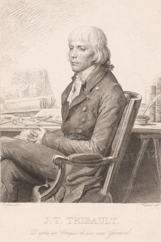 Portrait of Jean-Thomas Thibault, print, printmaker: Alexis François Girard, after drawing by François Gérard, c. 1823, paper, etching, engraving, height 353 mm x width 265 mm, Person, Jean-Thomas Thibault, historical persons, portrait, self-portrait of artist, A seated man shown in profile wearing a double-breasted coat with a high collar and a cravat, his light-colored hair cut to about ear length with short bangs, hands clasped and resting on his lap, and his legs crossed; he sits in an armchair with a carved wooden armrest. Behind him is a desk holding rolled papers, drawing instruments, a pair of spectacles, stacked books, and an inkwell with a quill. A framed drawing or print leans against the wall on the desk. The image is rendered as a detailed monochrome engraving with fine line work and crosshatching.