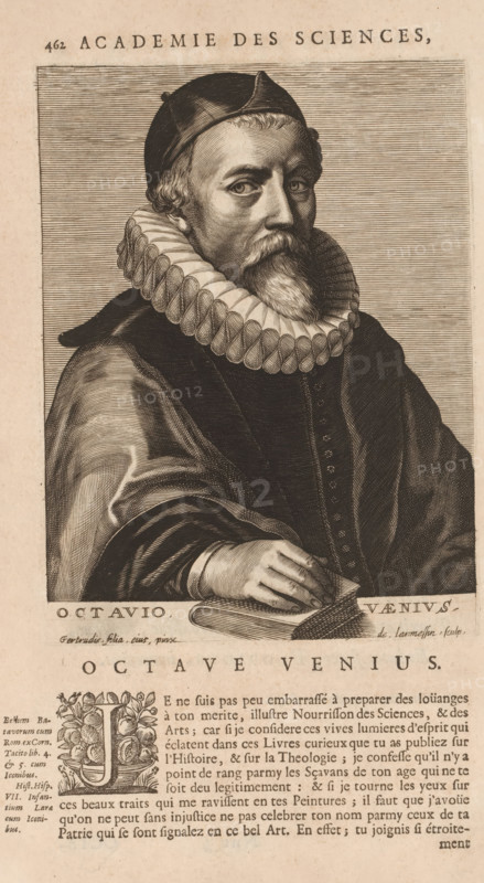 Portrait of Otto van Veen, Octavio Vaenius, print, book illustration, printmaker: Nicolas de Larmessin (I), after painting by Gertruida van Veen, publisher: François Foppens, Brussels, 1682, paper, engraving, letterpress printing, text in letterpress, height 187 mm x width 140 mm, Print used for: Bullart, Isaac. Académie des Sciences et Arts contenant les vie et éloges his. the people's illustrations show their excellence and their professions in their environment throughout their lives. Brussels: François Foppens, 1682. The book was also published in Amsterdam in 1682 by the heirs of Daniel Elzevier. Each portrait is an illustration accompanying the biography of an artist or scholar. Most of the portraits were produced by Nicolas de Larmessin (162), 93 by De Boulonois and a third by unidentified printmakers. This concerns an illustration on p. 462, part II., Person, Otto van Veen, historical persons, portrait, self-portrait of artist, A sepia-toned engraved portrait shows a middle-age...