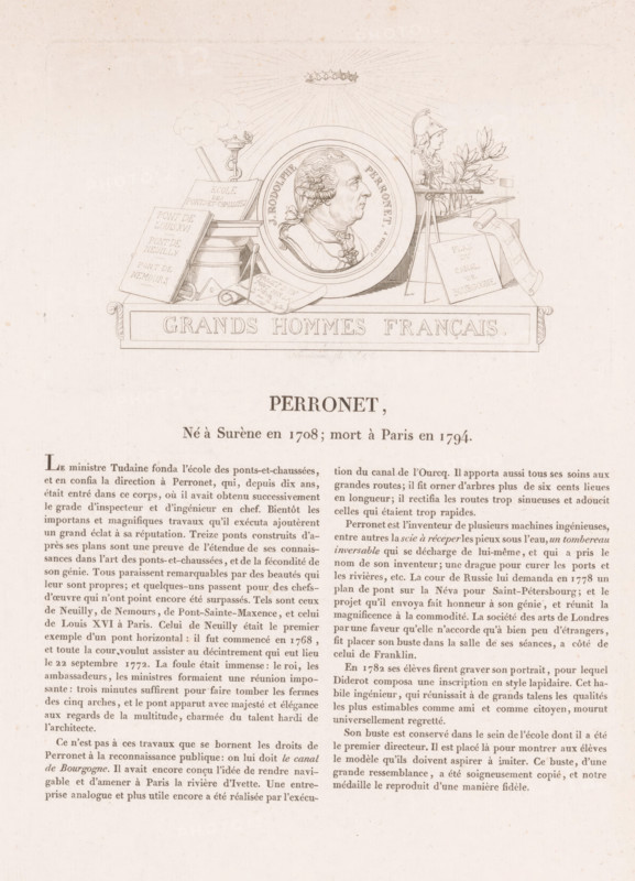 Perronet, Portrait of Jean-Rodolphe Perronet, Galerie métallique des grands hommes français, Gallery of medals with French greats, print, printmaker: Louis Marie Normand, Paris, in or after 1826, paper, etching, letterpress printing, etching with text in letterpress, height 103 mm x width 167 mm, height 355 mm x width 265 mm, Person, Jean-Rodolphe Perronet, historical persons, portrait, self-portrait of architect, A sepia-toned printed page featuring a detailed central vignette above a block of text. The vignette shows an engraved medallion with a profile bust of a man surrounded by a circular frame, flanked by architectural and engineering objects including a column, scrolls, a book, a triangular drafting instrument, a torch or lamp, a plinth with a helmeted bust, and a laurel branch; rays and a small cluster of stars appear above the medallion. Below the vignette is a decorative rectangular cartouche containing large capital lettering. The remainder of the page is filled with dense p...
