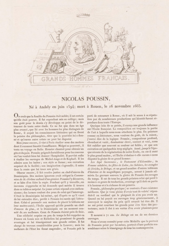 Portrait of Nicolas Poussin, Nicolas Poussin, Gallery of medals with French greats, Galerie métallique des grands hommes français, print, printmaker: Louis Marie Normand, Paris, in or after 1817, paper, etching, letterpress printing, etching with text in letterpress, height 103 mm x width 167 mm, height 347 mm x width 263 mm, Person, historical persons, portrait, self-portrait of painter, A printed page showing an ornamental header with a central circular portrait medallion flanked by decorative objects including books, a laurel wreath, sculptural fragments, an artist's palette and brushes, a classical helmet and a decorative vase, all arranged atop a rectangular plaque with raised lettering, and below this header a block of printed paragraphs in a serif typeface occupying the lower portion of the page.